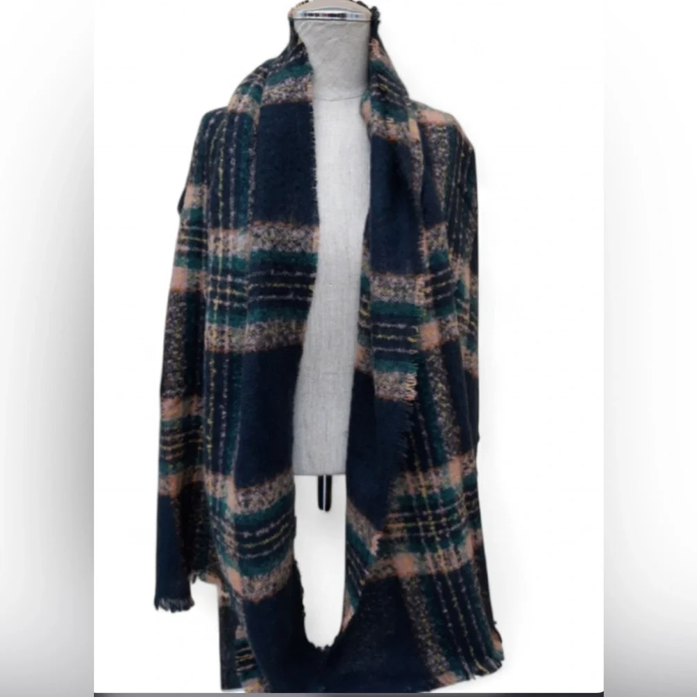 NWT J. Jill Navy Multi Plaid Scarf | Blue Green Pink Tartan Fringed Wrap